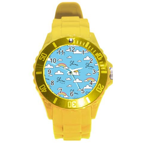 Seamless Pattern Vector Owl Cartoon With Bugs Round Plastic Sport Watch (L) from ArtsNow.com Front