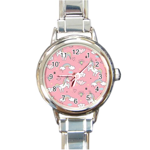 Cute Unicorn Seamless Pattern Round Italian Charm Watch from ArtsNow.com Front