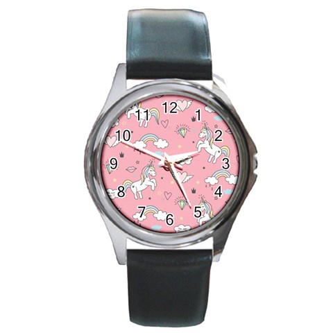 Cute Unicorn Seamless Pattern Round Metal Watch from ArtsNow.com Front