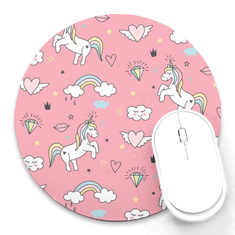 Cute Unicorn Seamless Pattern Round Mousepad from ArtsNow.com Front