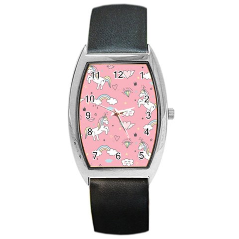 Cute Unicorn Seamless Pattern Barrel Style Metal Watch from ArtsNow.com Front