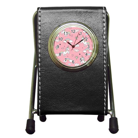 Cute Unicorn Seamless Pattern Pen Holder Desk Clock from ArtsNow.com Front