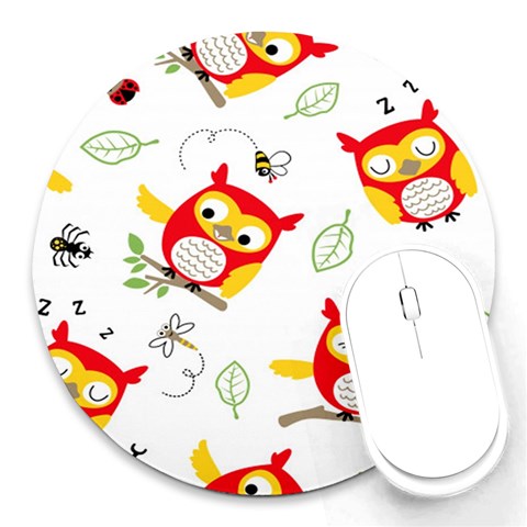 Seamless Pattern Vector Owl Cartoon With Bugs Round Mousepad from ArtsNow.com Front