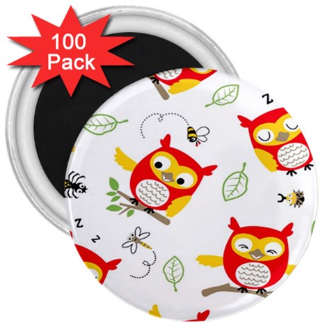 Seamless Pattern Vector Owl Cartoon With Bugs 3  Magnets (100 pack) from ArtsNow.com Front