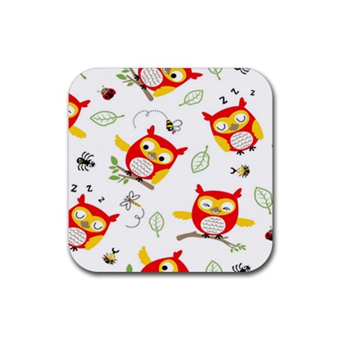 Seamless Pattern Vector Owl Cartoon With Bugs Rubber Coaster (Square) from ArtsNow.com Front