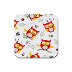 Seamless Pattern Vector Owl Cartoon With Bugs Rubber Square Coaster (4 pack)