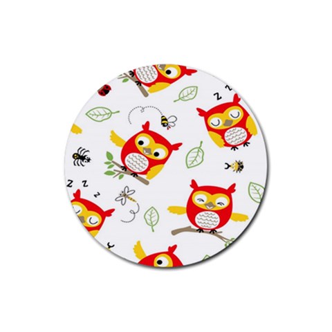 Seamless Pattern Vector Owl Cartoon With Bugs Rubber Coaster (Round) from ArtsNow.com Front