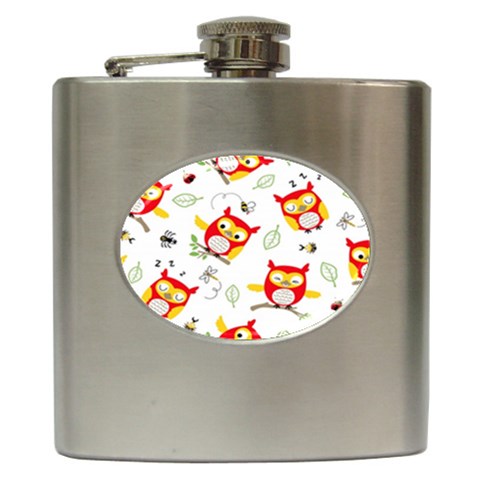 Seamless Pattern Vector Owl Cartoon With Bugs Hip Flask (6 oz) from ArtsNow.com Front
