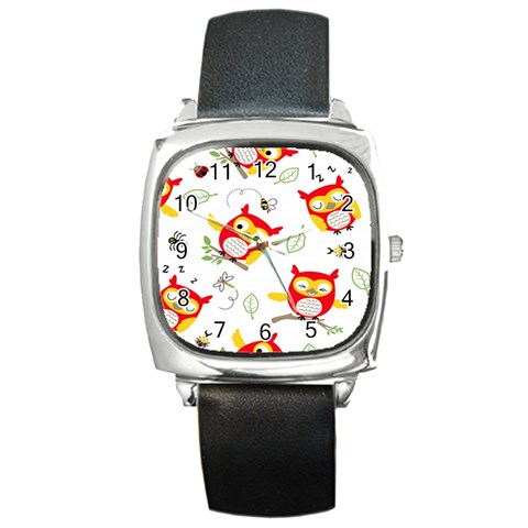 Seamless Pattern Vector Owl Cartoon With Bugs Square Metal Watch from ArtsNow.com Front