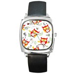 Seamless Pattern Vector Owl Cartoon With Bugs Square Metal Watch