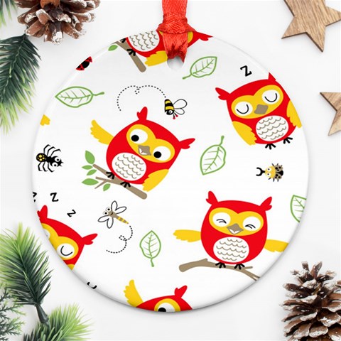 Seamless Pattern Vector Owl Cartoon With Bugs Round Ornament (Two Sides) from ArtsNow.com Back