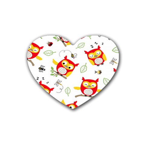 Seamless Pattern Vector Owl Cartoon With Bugs Rubber Heart Coaster (4 pack) from ArtsNow.com Front