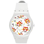Seamless Pattern Vector Owl Cartoon With Bugs Round Plastic Sport Watch (M)