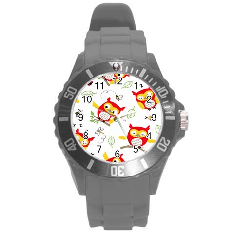 Seamless Pattern Vector Owl Cartoon With Bugs Round Plastic Sport Watch (L) from ArtsNow.com Front