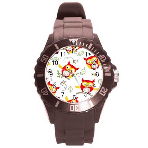 Seamless Pattern Vector Owl Cartoon With Bugs Round Plastic Sport Watch (L) from ArtsNow.com Front