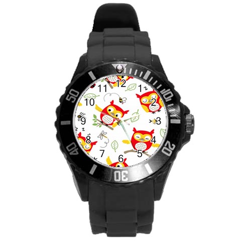 Seamless Pattern Vector Owl Cartoon With Bugs Round Plastic Sport Watch (L) from ArtsNow.com Front