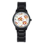 Seamless Pattern Vector Owl Cartoon With Bugs Stainless Steel Round Watch