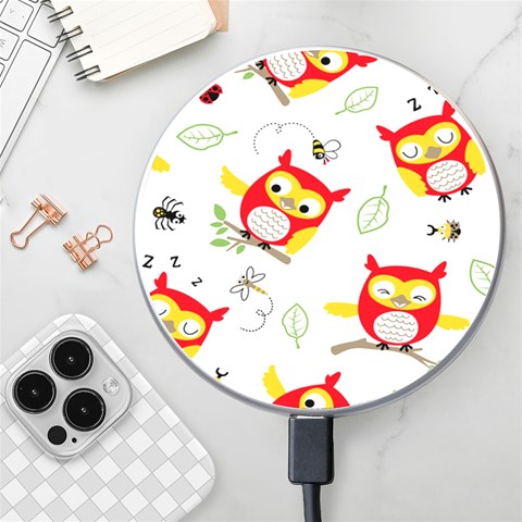 Seamless Pattern Vector Owl Cartoon With Bugs Wireless Fast Charger(White) from ArtsNow.com Front