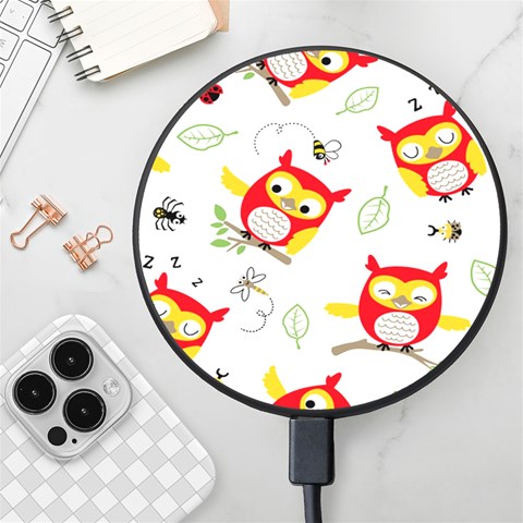 Seamless Pattern Vector Owl Cartoon With Bugs Wireless Fast Charger(Black) from ArtsNow.com Front