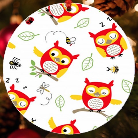 Seamless Pattern Vector Owl Cartoon With Bugs UV Print Acrylic Ornament Round from ArtsNow.com Front