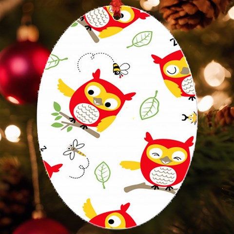 Seamless Pattern Vector Owl Cartoon With Bugs UV Print Acrylic Ornament Oval from ArtsNow.com Front