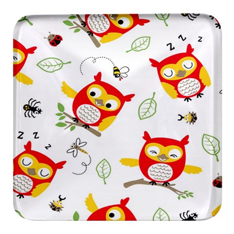 Seamless Pattern Vector Owl Cartoon With Bugs Square Glass Fridge Magnet (4 pack) from ArtsNow.com Front