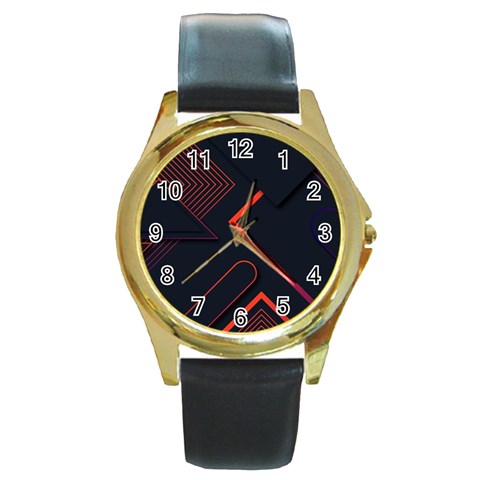 Gradient Geometric Shapes Dark Background Design Round Gold Metal Watch from ArtsNow.com Front