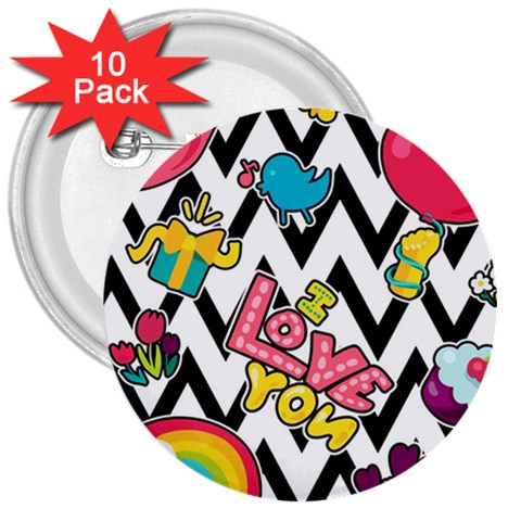 Vector Romantic Love Seamless Pattern 3  Buttons (10 pack)  from ArtsNow.com Front