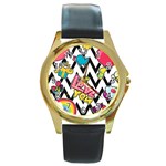 Vector Romantic Love Seamless Pattern Round Gold Metal Watch