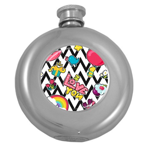 Vector Romantic Love Seamless Pattern Round Hip Flask (5 oz) from ArtsNow.com Front