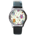 Forest Seamless Pattern With Cute Owls Round Metal Watch