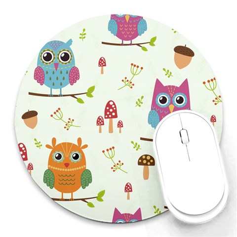Forest Seamless Pattern With Cute Owls Round Mousepad from ArtsNow.com Front