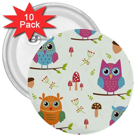 Forest Seamless Pattern With Cute Owls 3  Buttons (10 pack)  from ArtsNow.com Front