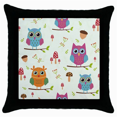 Forest Seamless Pattern With Cute Owls Throw Pillow Case (Black) from ArtsNow.com Front