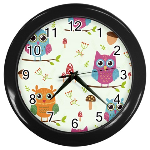 Forest Seamless Pattern With Cute Owls Wall Clock (Black) from ArtsNow.com Front