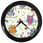 Forest Seamless Pattern With Cute Owls Wall Clock (Black)