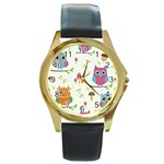 Forest Seamless Pattern With Cute Owls Round Gold Metal Watch
