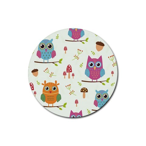 Forest Seamless Pattern With Cute Owls Rubber Round Coaster (4 pack) from ArtsNow.com Front