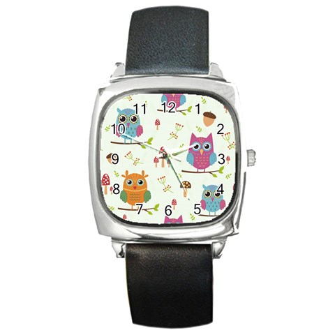 Forest Seamless Pattern With Cute Owls Square Metal Watch from ArtsNow.com Front