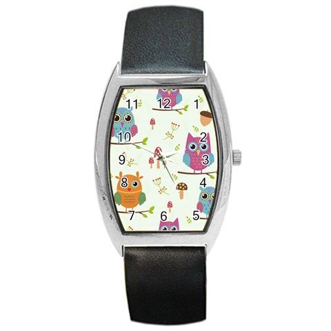 Forest Seamless Pattern With Cute Owls Barrel Style Metal Watch from ArtsNow.com Front