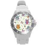 Forest Seamless Pattern With Cute Owls Round Plastic Sport Watch (L)