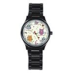Forest Seamless Pattern With Cute Owls Stainless Steel Round Watch