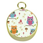 Forest Seamless Pattern With Cute Owls Gold Compasses