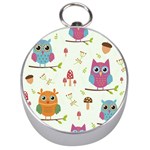 Forest Seamless Pattern With Cute Owls Silver Compasses