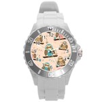 Seamless Pattern Owls Dream Cute Style Pajama Fabric Round Plastic Sport Watch (L)