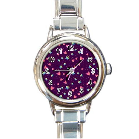 Colorful Stars Hearts Seamless Vector Pattern Round Italian Charm Watch from ArtsNow.com Front