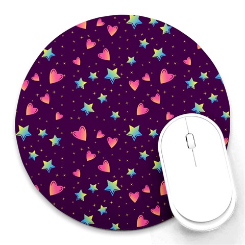 Colorful Stars Hearts Seamless Vector Pattern Round Mousepad from ArtsNow.com Front