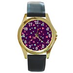 Colorful Stars Hearts Seamless Vector Pattern Round Gold Metal Watch