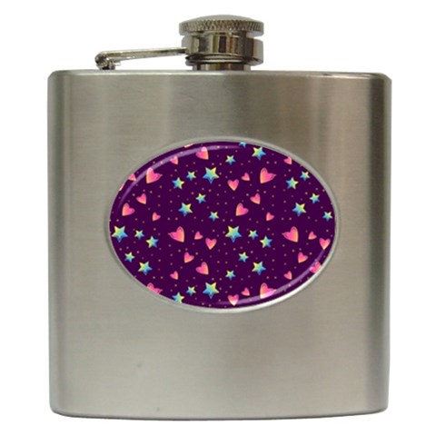 Colorful Stars Hearts Seamless Vector Pattern Hip Flask (6 oz) from ArtsNow.com Front