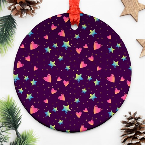 Colorful Stars Hearts Seamless Vector Pattern Round Ornament (Two Sides) from ArtsNow.com Front